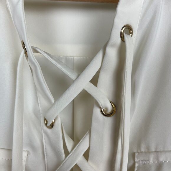 L'Academie Lace Up Front Blouse Size XS Ivory Cream Silky Satin Neutral Top - Picture 7 of 13